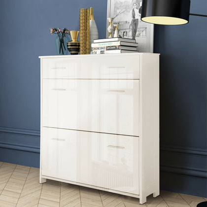 2-Door 1Drawer Shoe Cabinet Storage Footwear Organiser Cupboard High Gloss White