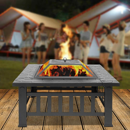 Outdoor Fire Pit BBQ Firepit Brazier Garden Square Table Stove Patio Heater 81cm