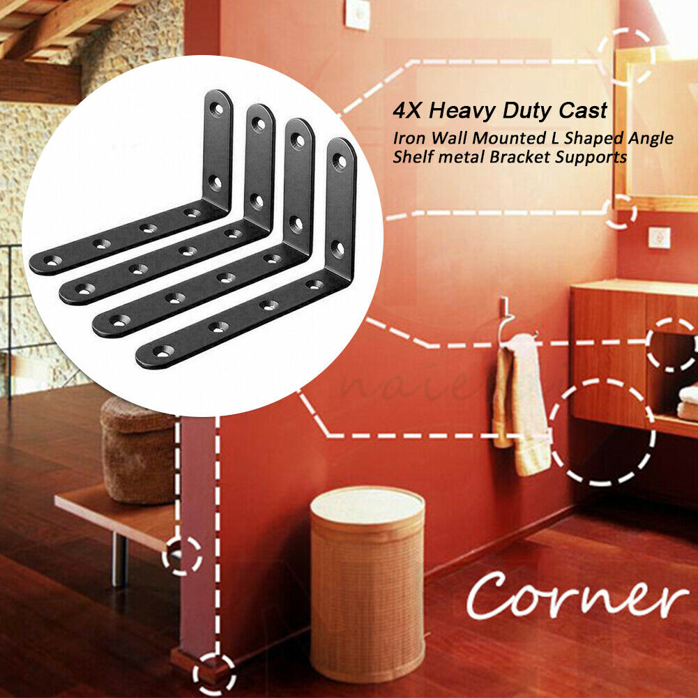 4x Black Wall Mounted L Shaped Angle Shelf Brackets Heavy Duty Corner ...