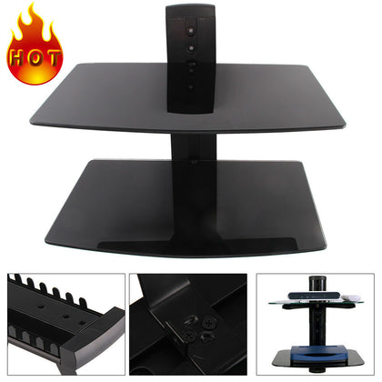 2 Wall Mount Shelf Floating Black Glass Bracket For Xbox PS4 Sky TV DVD Shelves