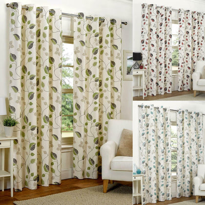 April Florals Flowers Leafs Leaves Ready Made Lined Eyelet Curtains Set Ring Top
