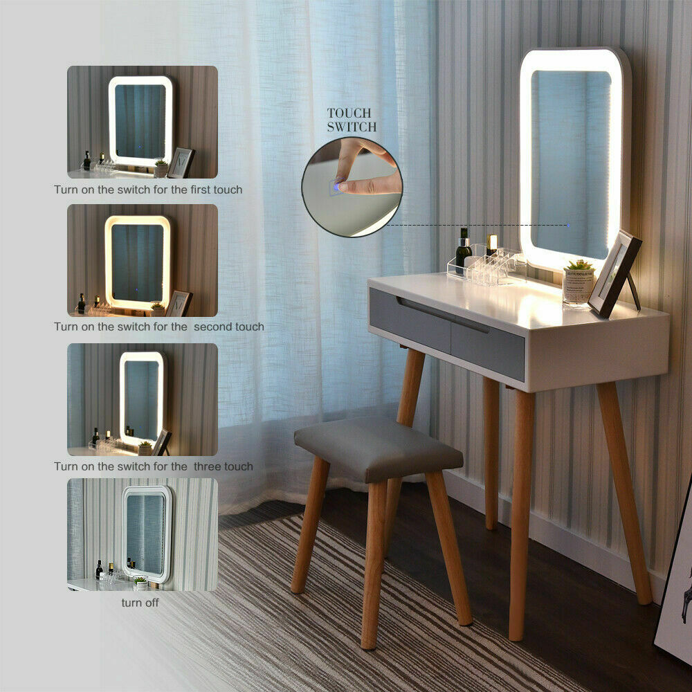 Dressing Table Vanity Desk LED Lighted Mirror Set Makeup Dresser Table w/Stool
