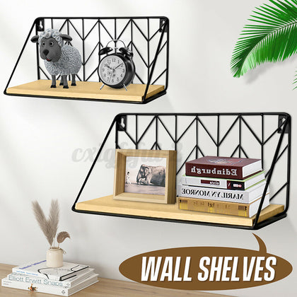 Industrial Wall Shelf Mounted Unit Metal Wire Wood Floating Rack Storage Shelves
