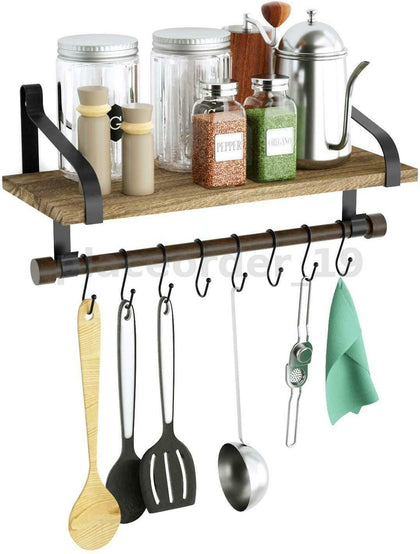 Large Wall Floating Shelf Kitchen Bathroom Storage Rustic Wood Rack With 8 Hooks
