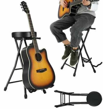 Folding Guitar Stool Heavy Duty Stage Player Bar Stand Chair w /Guitar Support