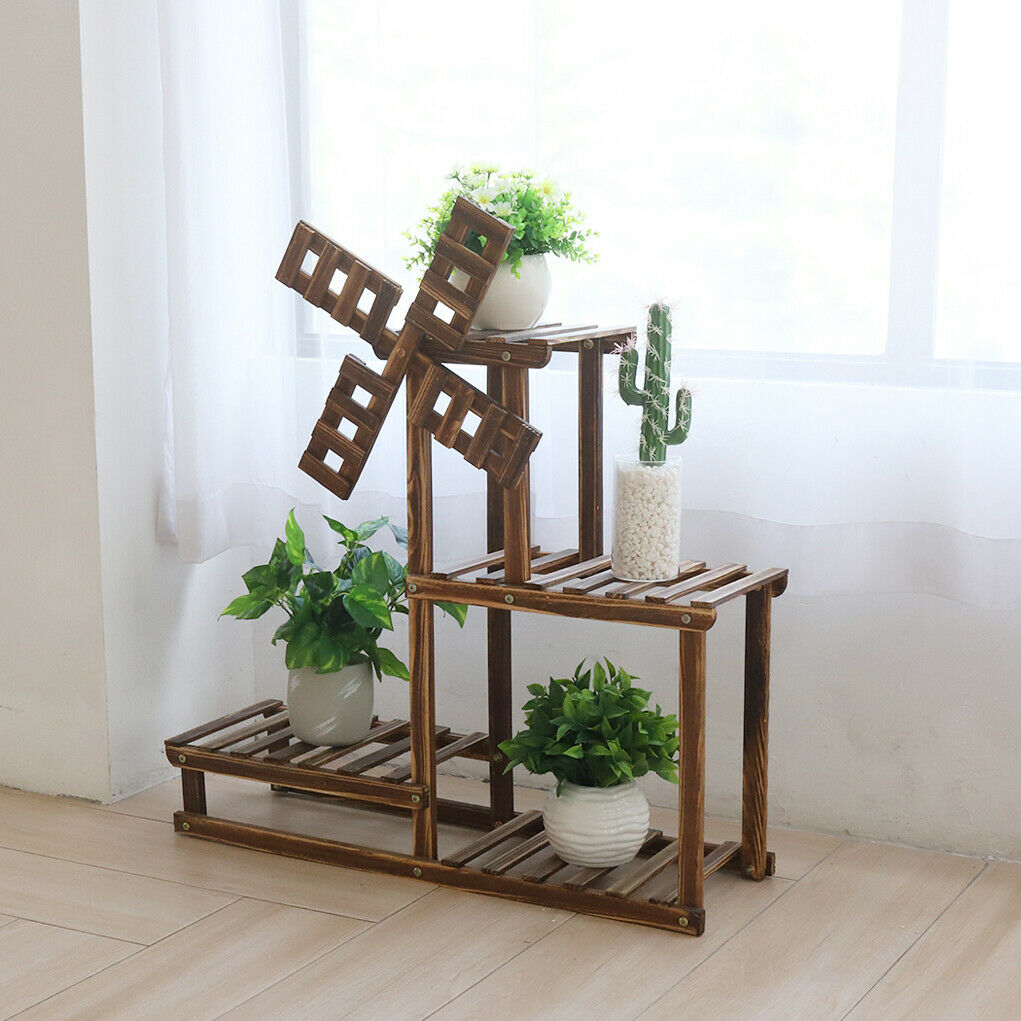 4 Tiers Flower Rack Wood Plant Stand Bonsai Display Shelf With Dutch Windmill