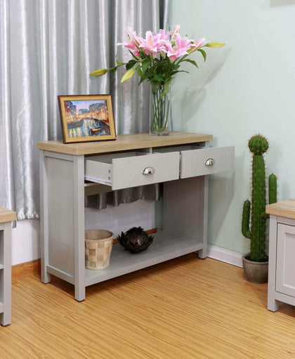 Grey Oak Console Table 2 Drawer Telephone Table Metal Handles Hallay Storage