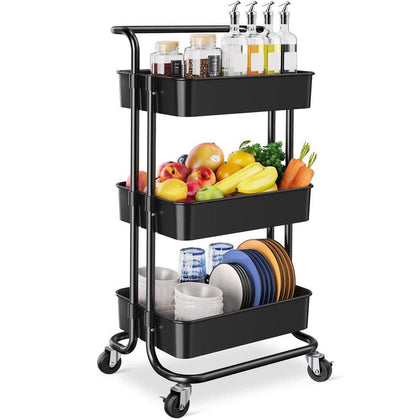 3 Tier Rolling Trolley Metal Utility Cart Kitchen Storage Organizer with Handle