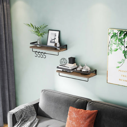 2Pcs Corner Wall Shelves Industrial Style Metal Wood Shelving Shelf Storage Hook