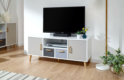 White Multi Coloured Large TV Stand 2 Door 2 Drawer Cupboards Wood Spindle Legs