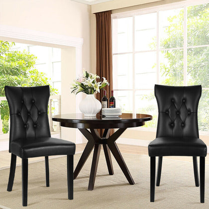 2/4x Faux Leather Diamond Button High Wing Back Dining Room Chairs Wood Leg Cafe