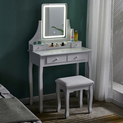 White Wooden 4 Drawers Dressing Table With Mirror USB LED Light Bedroom Furnitur