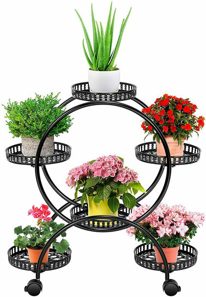 Portable Metal Plant Stand Retro Flower Cart Rack Movable Flower Pot Tray Holder