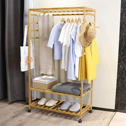 Heavy Duty Wooden Clothes Stand Coat Hanger Hooks with Double Shoe Rack & Wheels