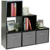 BLACK 6 CUBE MODULAR SHELVING DISPLAY UNIT 3 x GREY FABRIC STORAGE BOX