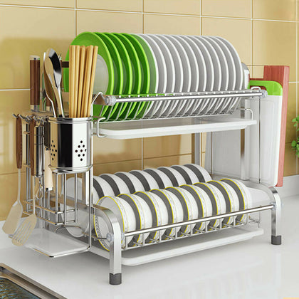 2 Tier Stainless Steel Plate Dish Cutlery Drainer Drying Rack Drip Tray Holder