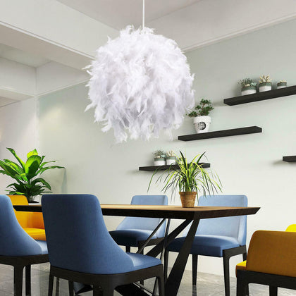 White Feather Shade Droplight Lamp Hanging Ball Bedroom LED Ceiling Light 30CM