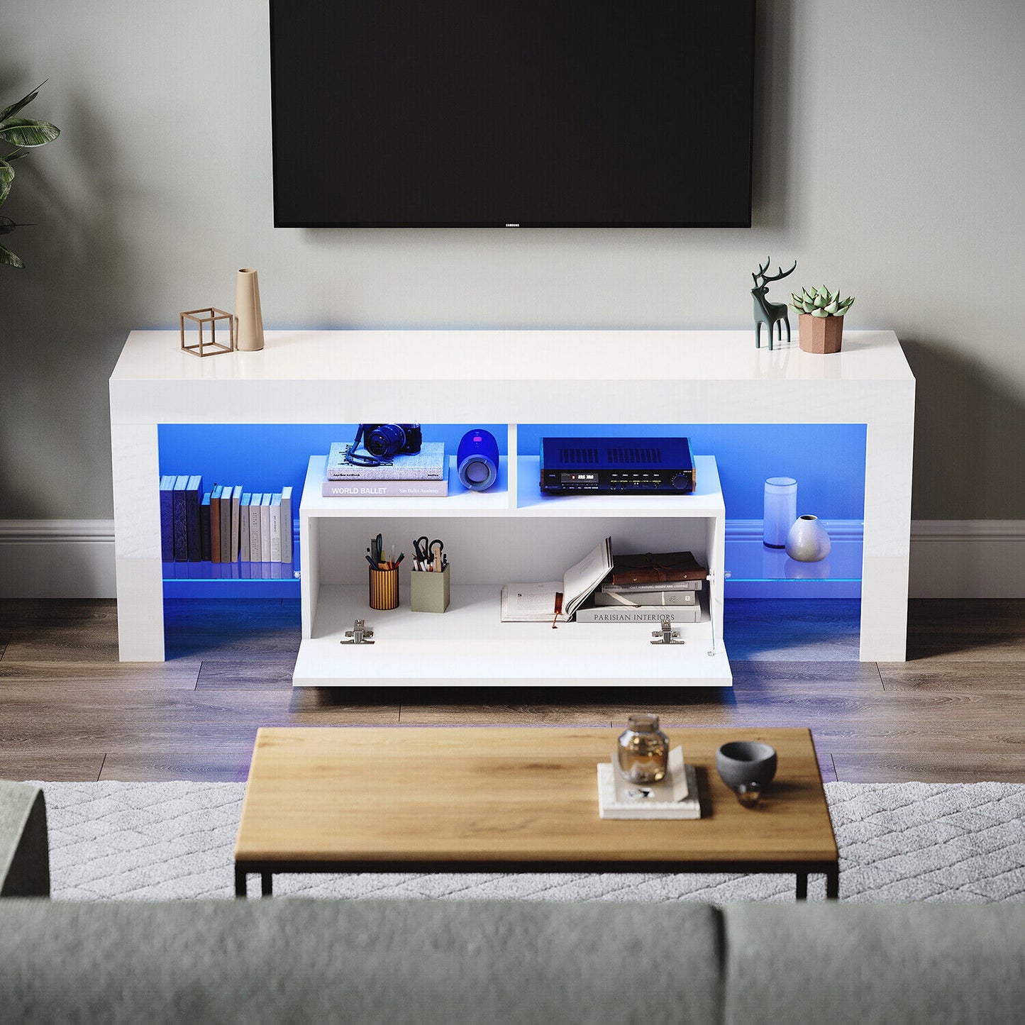 High Gloss White 140cm TV Stand Cabinet Unit Drawer Sideboard with LED Lights