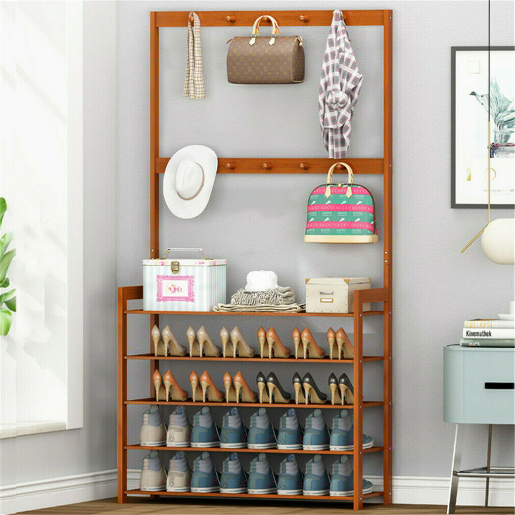Retro Door Coat Rack Hooks with 5 Tier Shoe Shelves Integrated Storage Furniture
