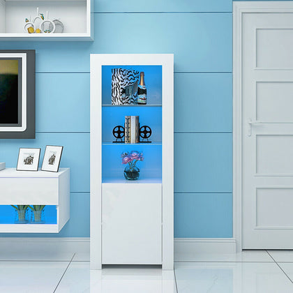 Modern White Tall Display Cabinet Cupboard Sideboard Unit RGB LED Living Room