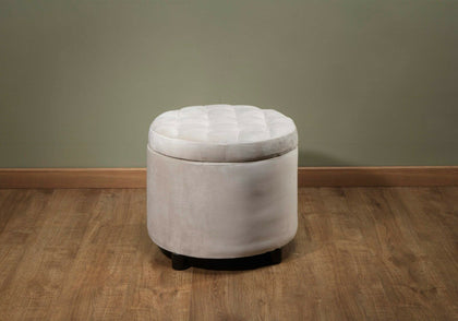 Cream Velvet Round Ottoman Storage Seat Stool.Traditional padded & tufted seat.