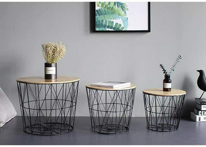 COFFEE SIDE TABLE METAL WIRE REMOVABLE WOOD TOP FOLDABLE ROUND STORAGE BASKET