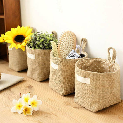 Retro Jute Cotton Lining Sundries Basket Mini Desktop Storage Bags Hanging Bag