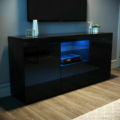 TV Cabinet Stand High Gloss Black LED Light Entertainment Unit 135cm