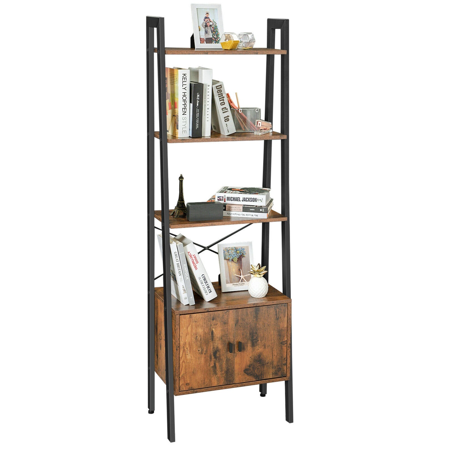 Ladder Shelf Bookshelf Rack Stand with Cupboard 4Shelves Storage Display LLS47BX