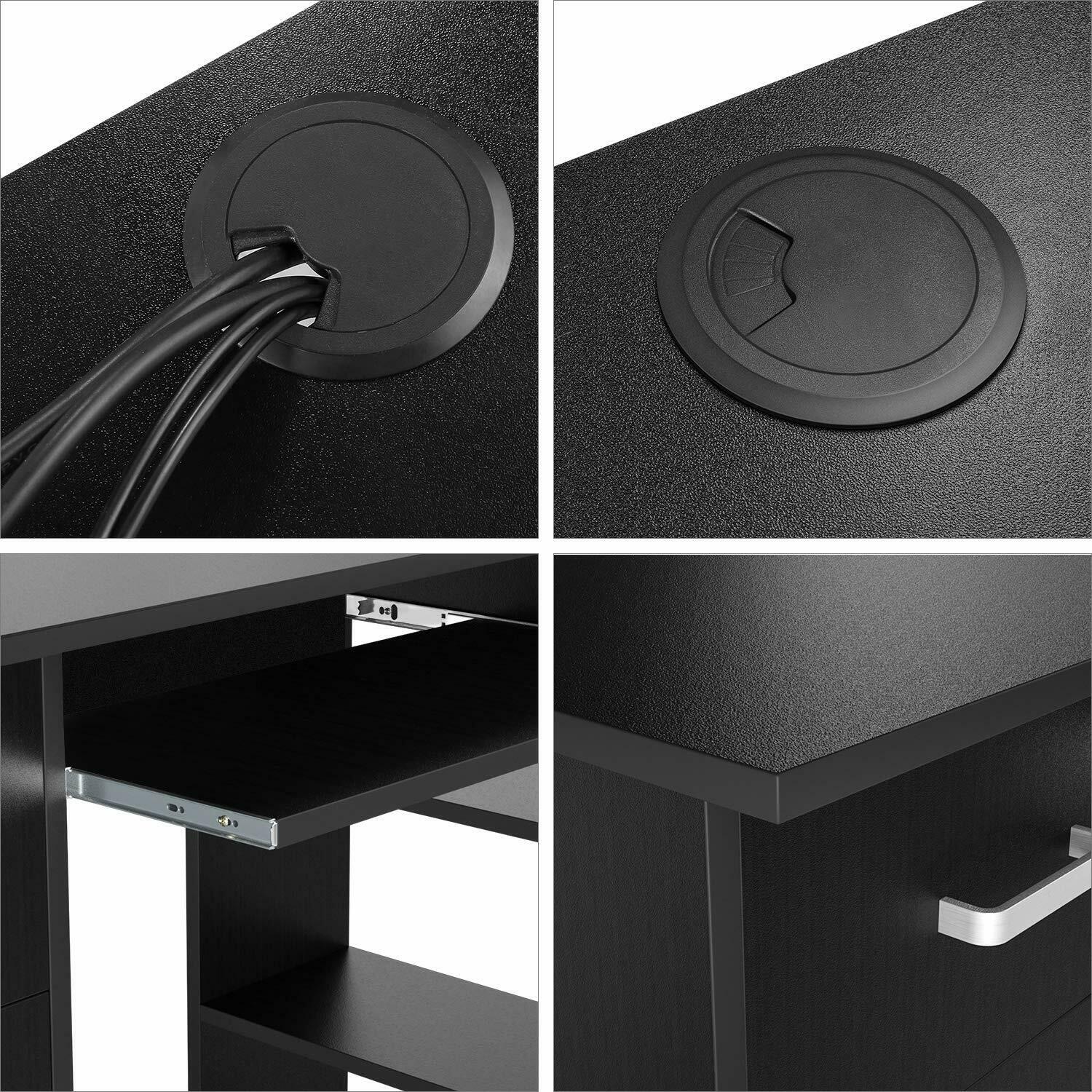 110cm Computer Table 110cm Computer Desk PC Table Workstation w/ 3 Shelf & Drawers Black ...