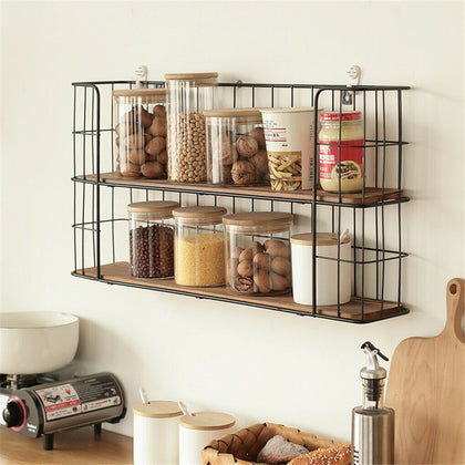 Vintage Wall Unit Metal Wire Wood Industrial Shelf Rack Basket Storage Display