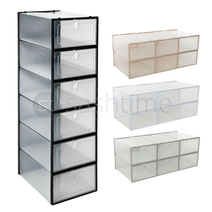 6 Stackable Plastic Shoe Boxes Drawer Storage Cabinet Nonslip Organiser Foldable