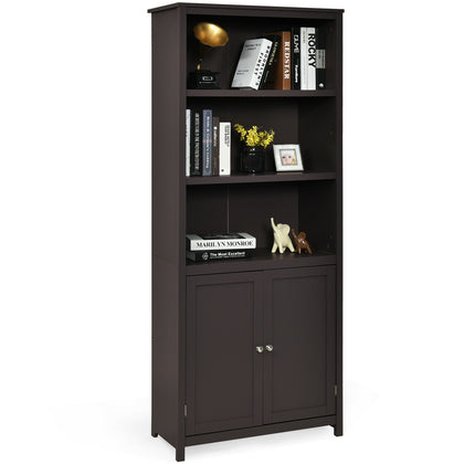 Wooden Tall Bookcase 3-Tier Shelving Storage Cabinet 2 Doors Display Organizer