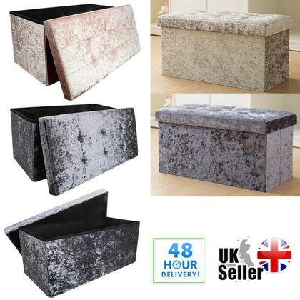 Crushed Velvet Diamante Ottoman Storage Box Folding Seat Foot Stool Large Bench