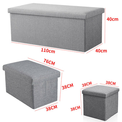 Large Grey Ottoman Foldable Storage Box Linen Suede Foot Stool Seat 3 Sizes New