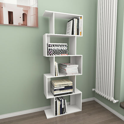 5 Tiers White Display Book shelf S Shaped Shelves Corner Storage Free Stand Unit