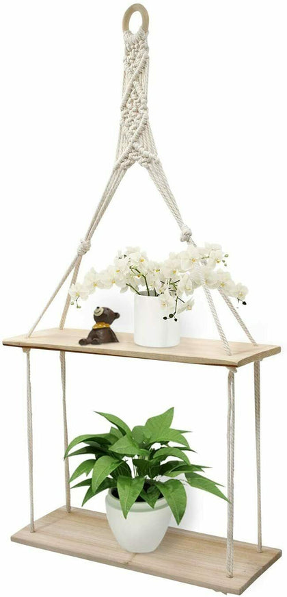 Boho Wall Hanging Shelf With Rope Tapestry Macrame 2 Tier Oak White Wood Shelves