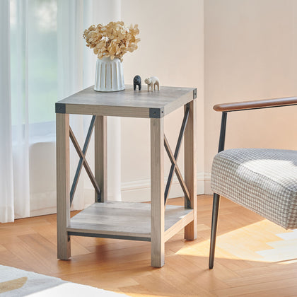 Side Table with Storage Shelf X Metal Frames End Coffee Table Driftwood Home
