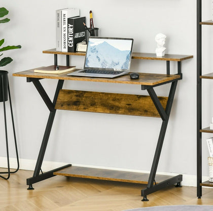 Industrial Home Office Desk Monitor Stand Brown Rustic Computer Table Hutch