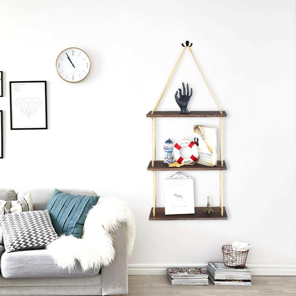 Nostalgic 3 Tier Shelf Wall Hanging Shelves Natural Rope Wooden Floating Shelves