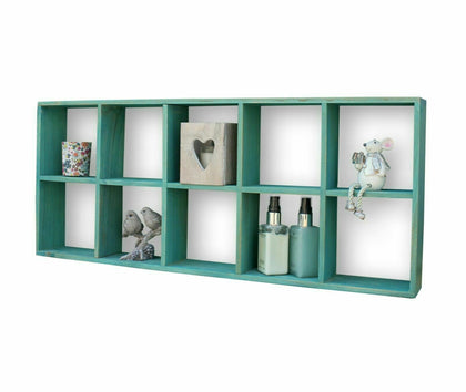 68cm Blue Wood Wall Shelves Storage Compartment Shelving Vintage Cube Décor Unit