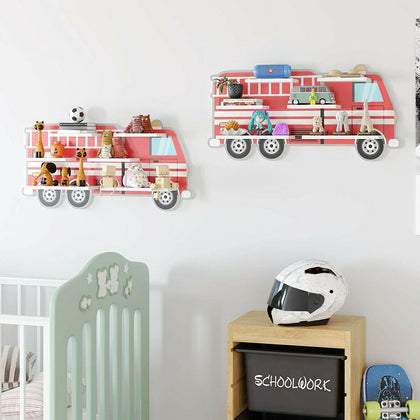 Children Wall Shelf 6 Storage Shelves Nursery Kids Bedroom Shelf Fire Truck Unit