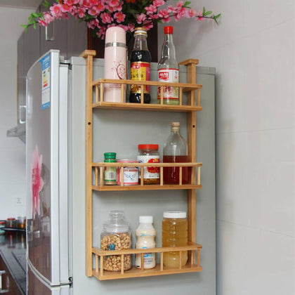 Bamboo Wooden Refrigerator Rack Wall Hanging Shelf Kitchen Storage Free Standing