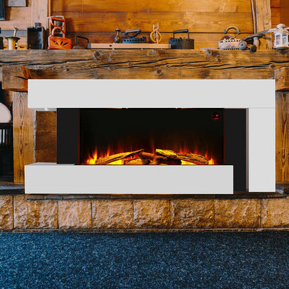 50 Inch LED Flame Glass Fireplace White Mantel Electric Fire Heater Wall Mounted
