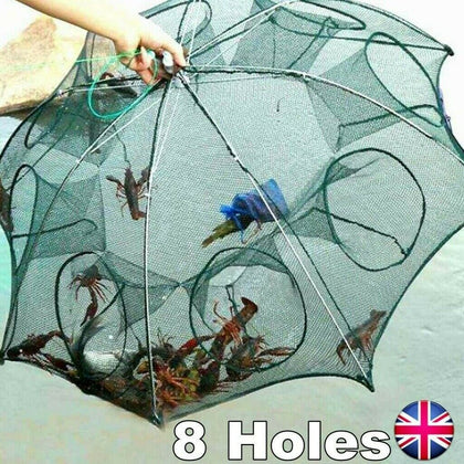8 Holes Foldable Fishing Trap Net Crab Shrimp Crayfish Lobster Bait Cage Tool UK