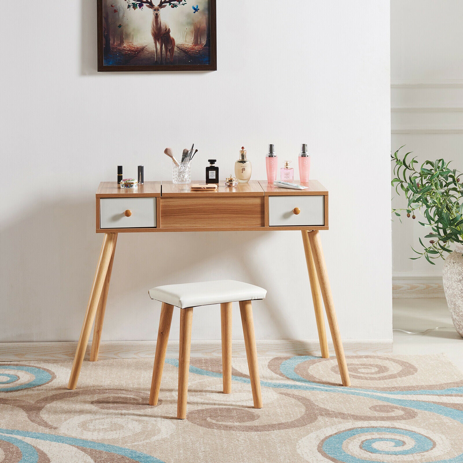 Modern Dressing Table Makeup Desk w/Flip-up Mirror 2 Drawers Storage & Stool