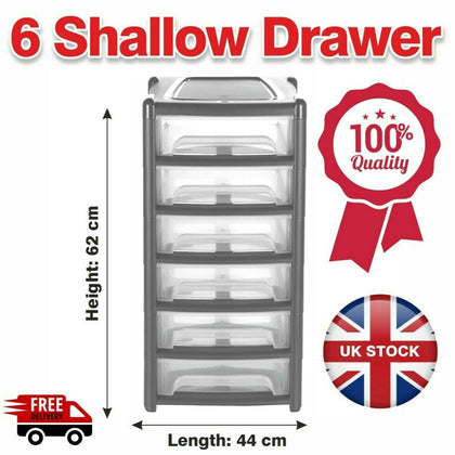 6 Tier Plastic Shallow Drawers Storage Office Home Tower Chest Drawer SchoolGrey