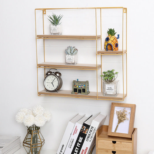 4 Tier Metal Wood Floating Wall Shelf Square Shelving Unit Storage Display Rack