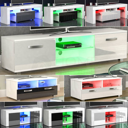 Modern White TV Unit Cabinet Stand Matt body and High Gloss Doors LED Lights