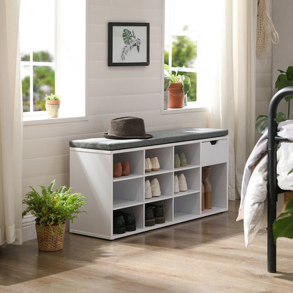 Shoe Bench, Shoe Shelf，Storage Bench with Drawer and Compartments, LHS24WT